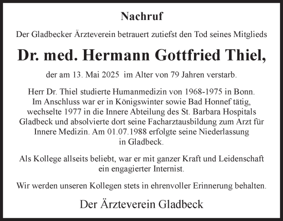 Traueranzeige von Hermann Gottfried Thiel von Tageszeitung