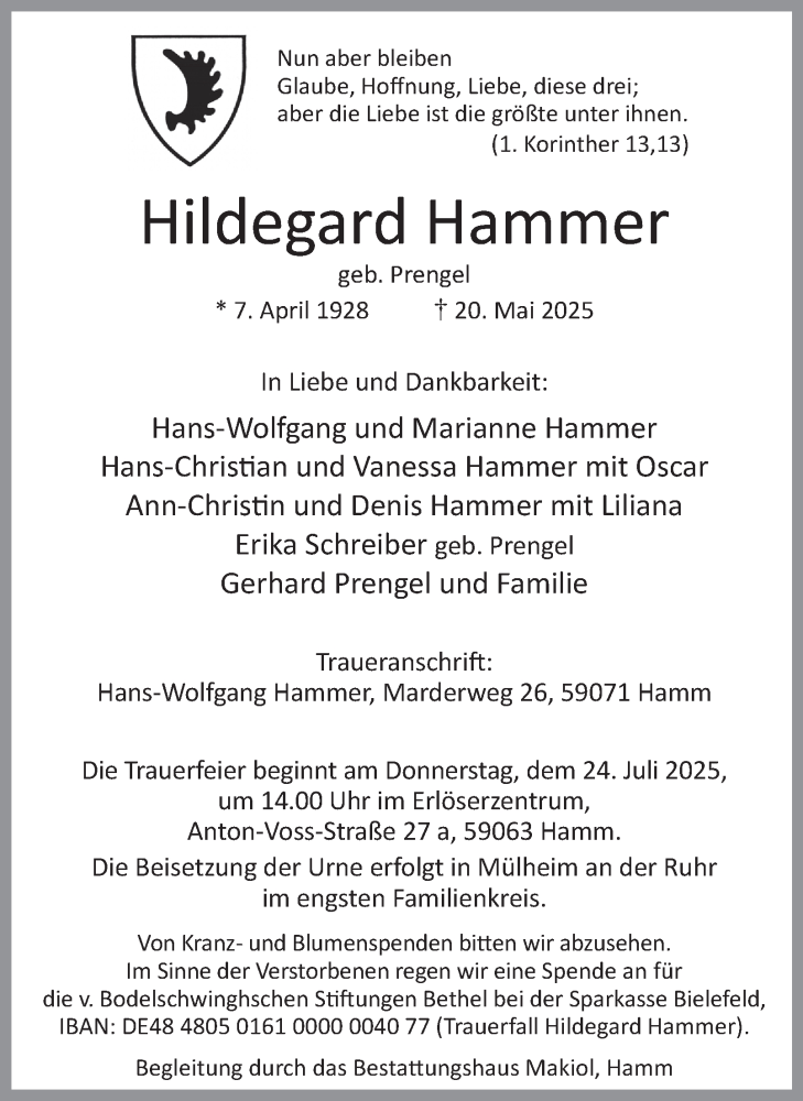  Traueranzeige für Hildegard Hammer vom 05.07.2025 aus Tageszeitung