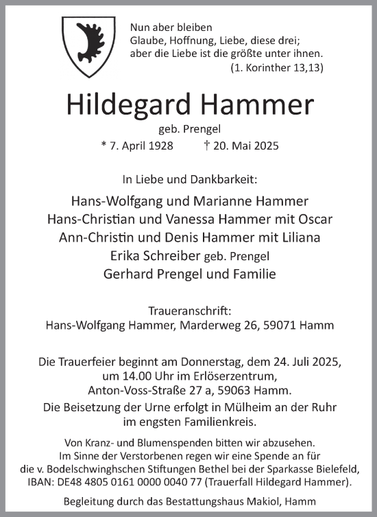 Traueranzeige von Hildegard Hammer von Tageszeitung