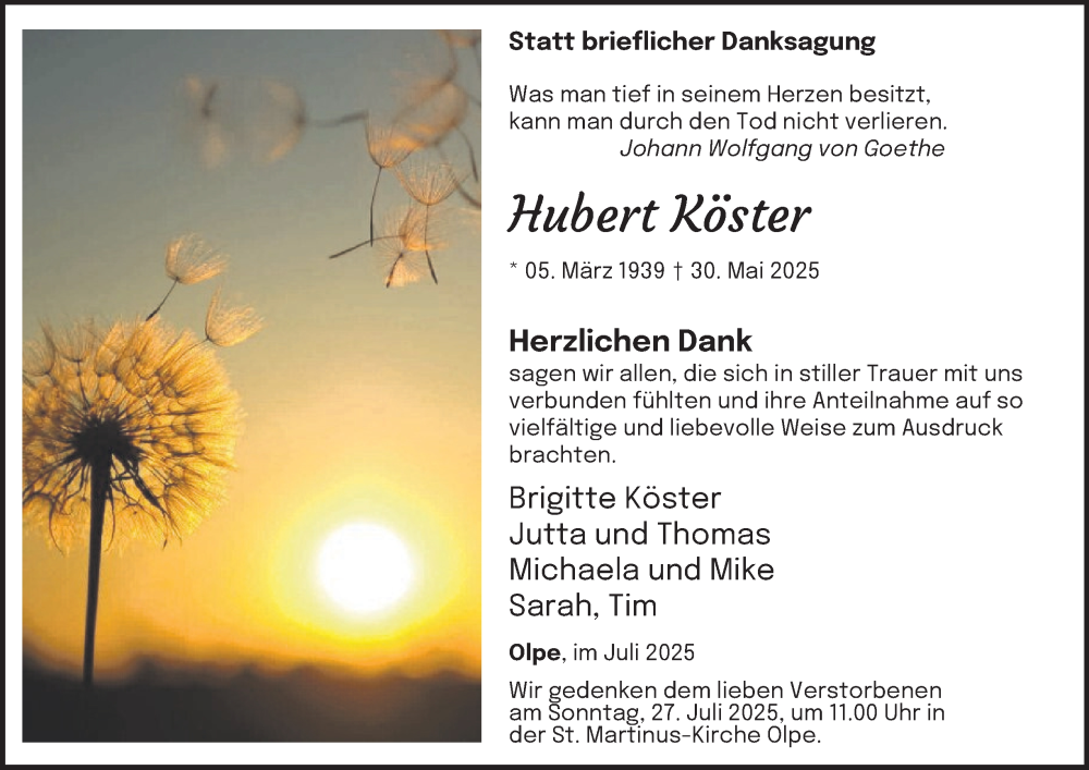  Traueranzeige für Hubert Köster vom 19.07.2025 aus Tageszeitung