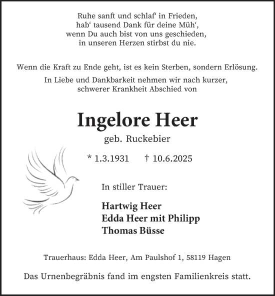 Traueranzeige von Ingelore Heer von Tageszeitung