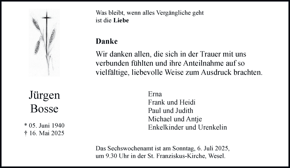  Traueranzeige für Jürgen Bosse vom 28.06.2025 aus Tageszeitung