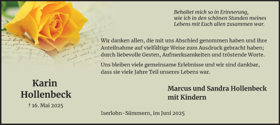 Traueranzeige von Karin Hollenbeck von Tageszeitung