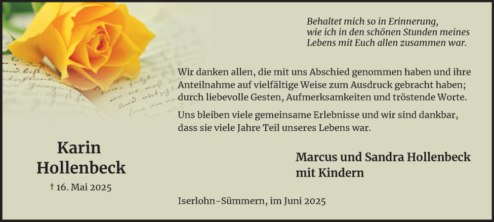  Traueranzeige für Karin Hollenbeck vom 28.06.2025 aus Tageszeitung