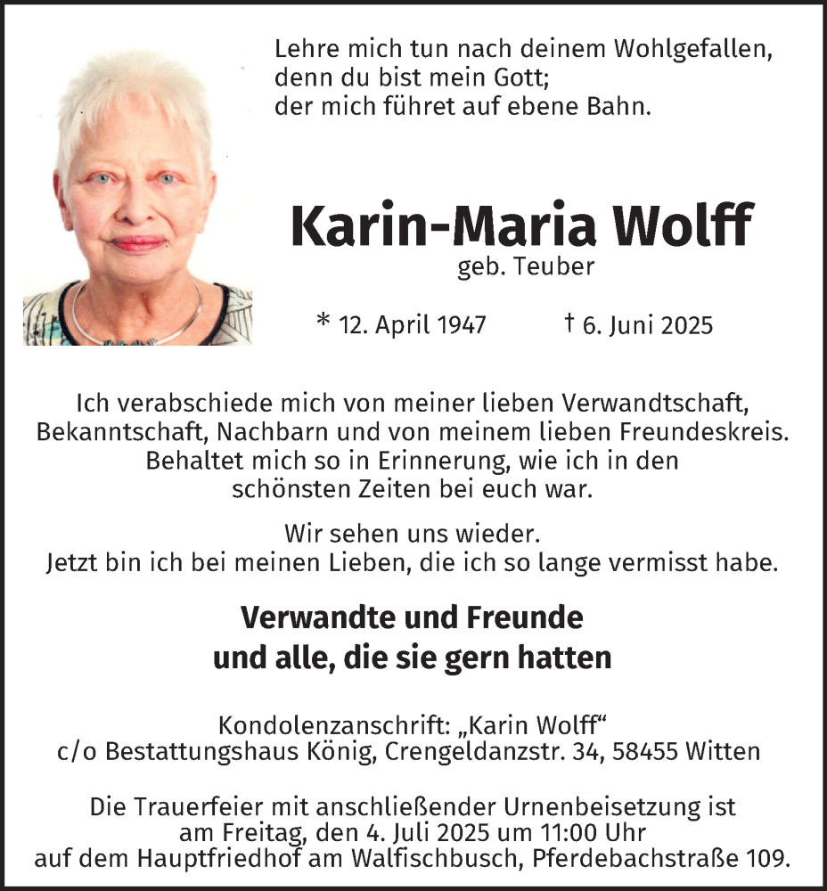  Traueranzeige für Karin-Maria Wolff vom 28.06.2025 aus Tageszeitung