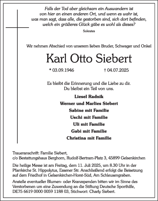 Traueranzeige von Karl Otto Siebert von Tageszeitung