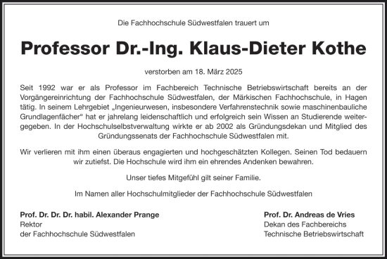 Traueranzeige von Klaus-Dieter Kothe von Tageszeitung