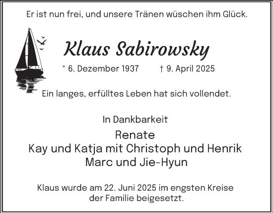 Traueranzeige von Klaus Sabirowsky von Tageszeitung