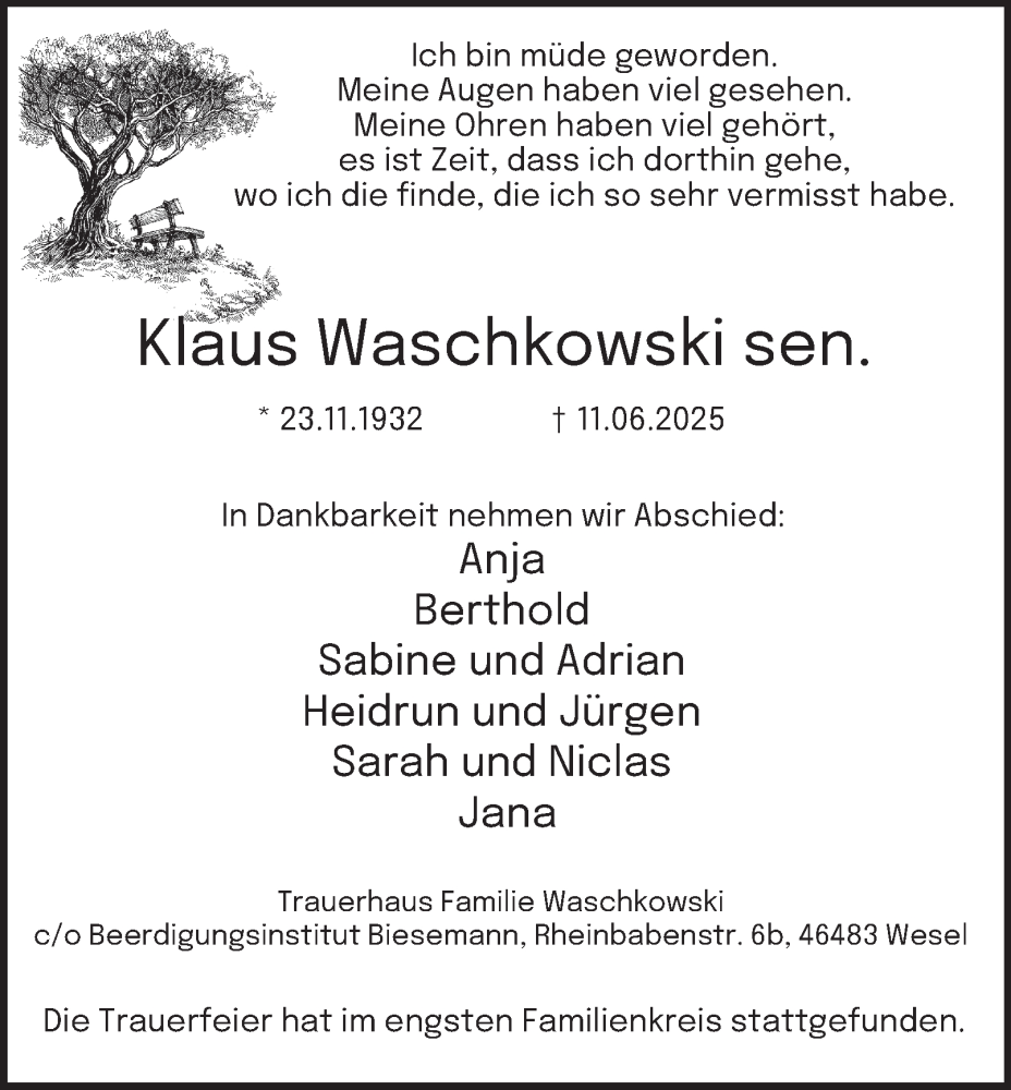  Traueranzeige für Klaus Waschkowski vom 05.07.2025 aus Tageszeitung