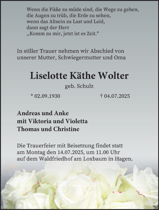 Traueranzeige von Liselotte Käthe Wolter von Tageszeitung