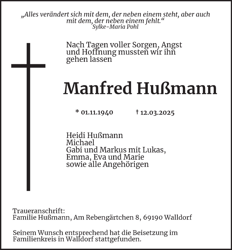  Traueranzeige für Manfred Hußmann vom 19.07.2025 aus Tageszeitung