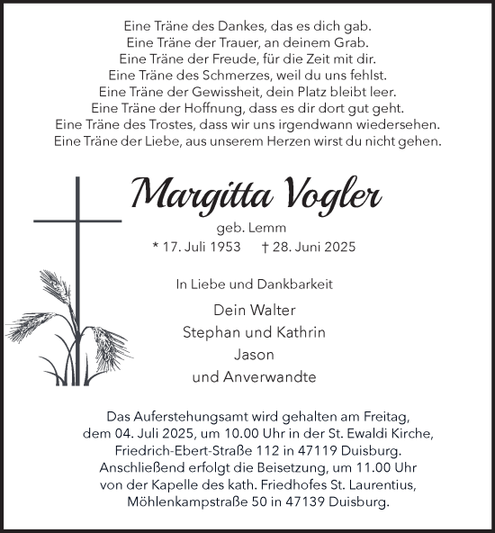Traueranzeige von Margitta Vogler von Tageszeitung
