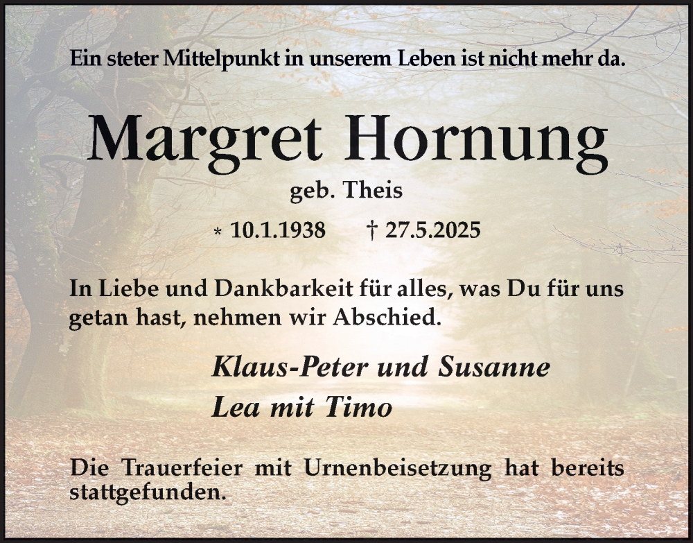  Traueranzeige für Margret Hornung vom 28.06.2025 aus Tageszeitung