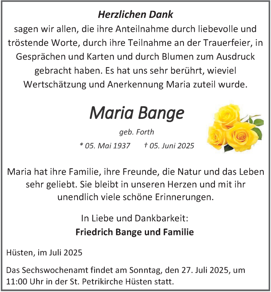  Traueranzeige für Maria Bange vom 19.07.2025 aus Tageszeitung