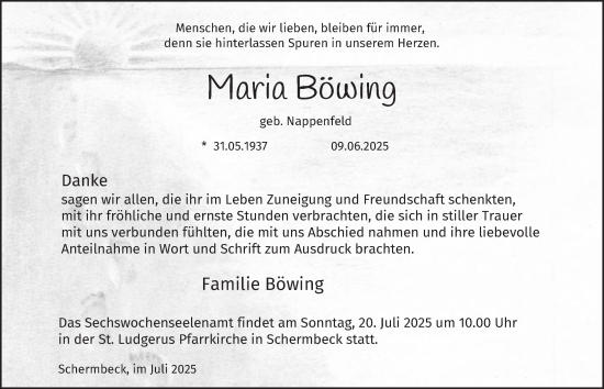 Traueranzeige von Maria Böwing von Tageszeitung