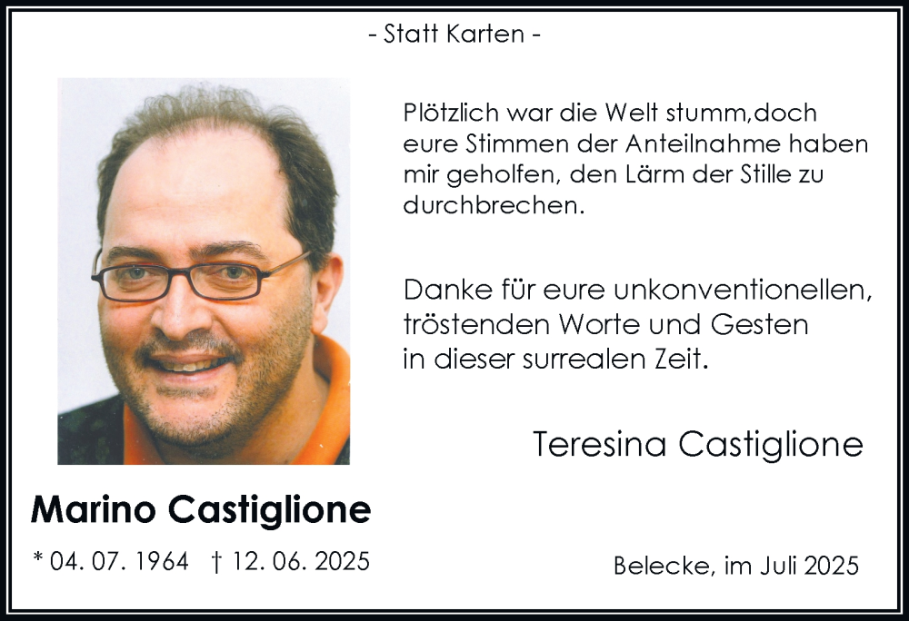  Traueranzeige für Marino Castiglione vom 19.07.2025 aus Tageszeitung