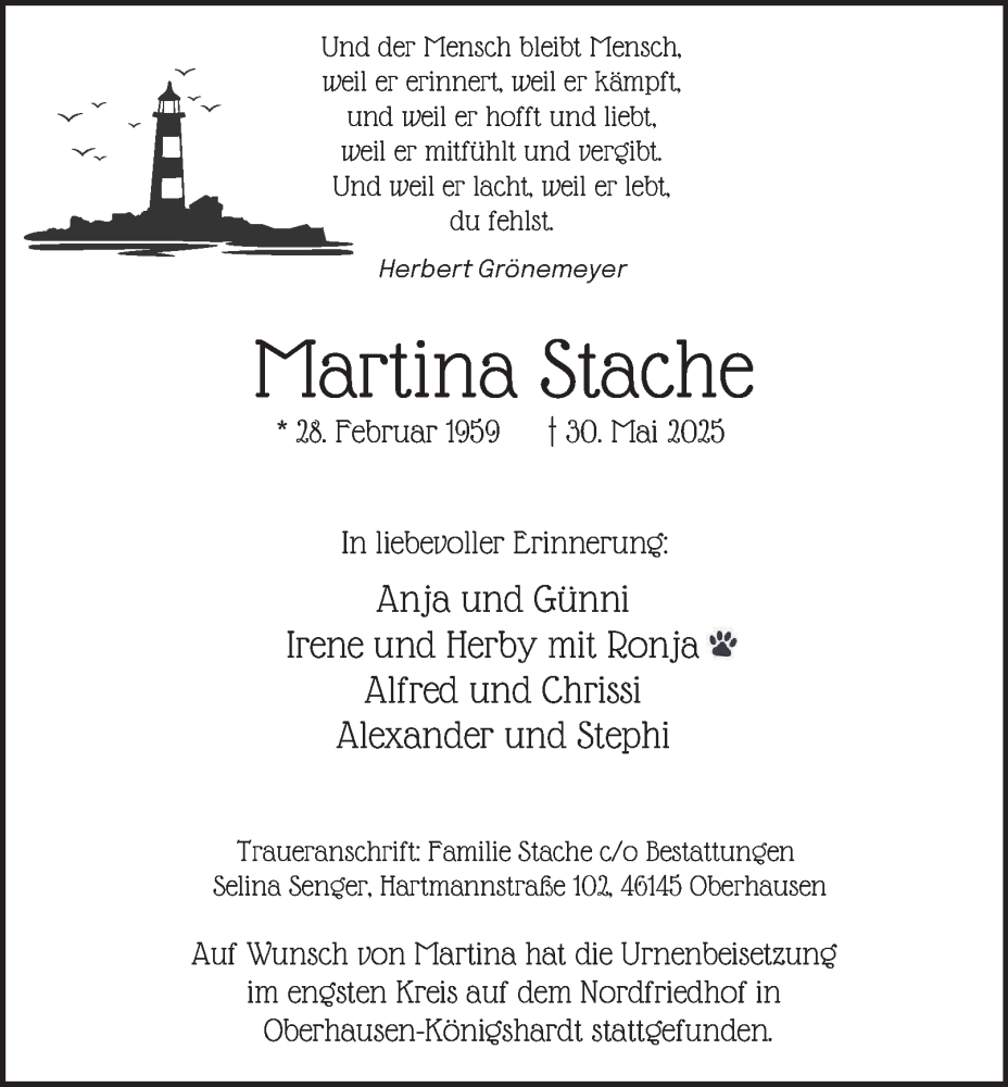  Traueranzeige für Martina Stache vom 28.06.2025 aus Tageszeitung