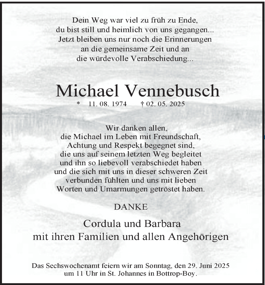  Traueranzeige für Michael Vennebusch vom 28.06.2025 aus Tageszeitung