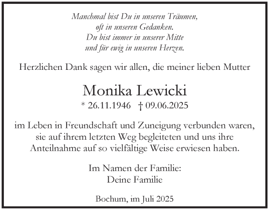 Traueranzeige von Monika Lewicki von Tageszeitung