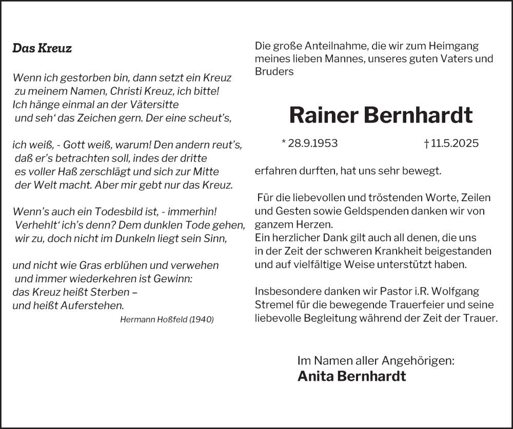  Traueranzeige für Rainer Bernhardt vom 05.07.2025 aus Tageszeitung
