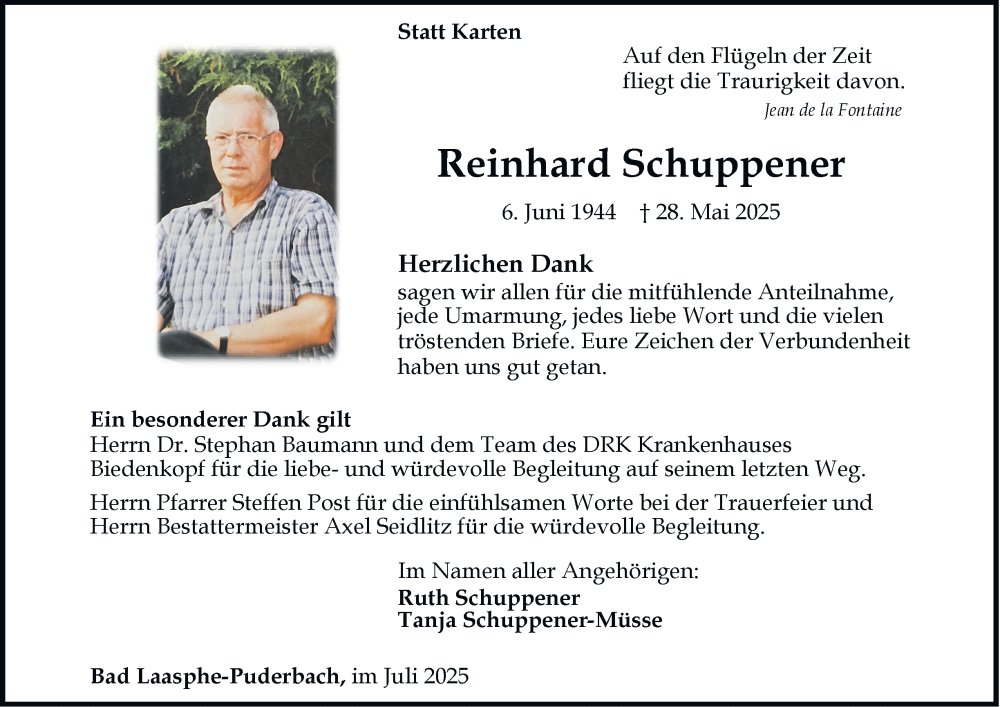  Traueranzeige für Reinhard Schuppener vom 16.07.2025 aus Tageszeitung