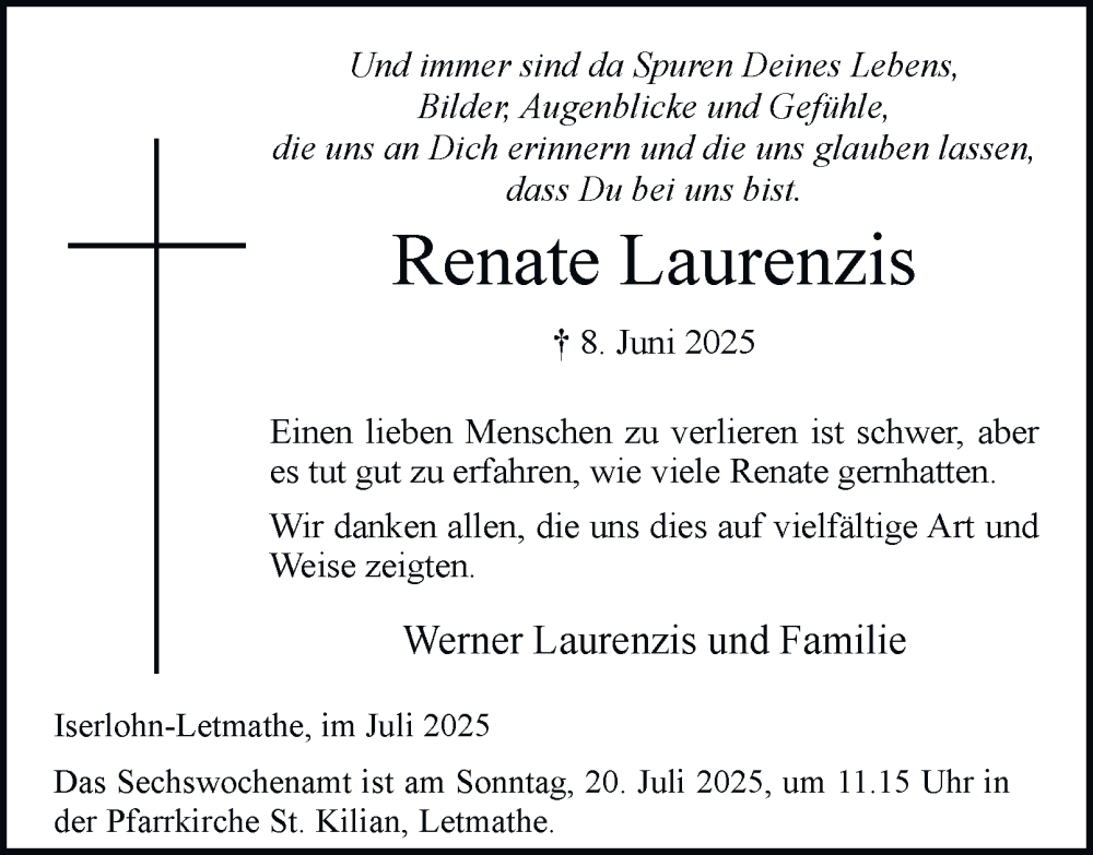  Traueranzeige für Renate Laurenzis vom 19.07.2025 aus Tageszeitung