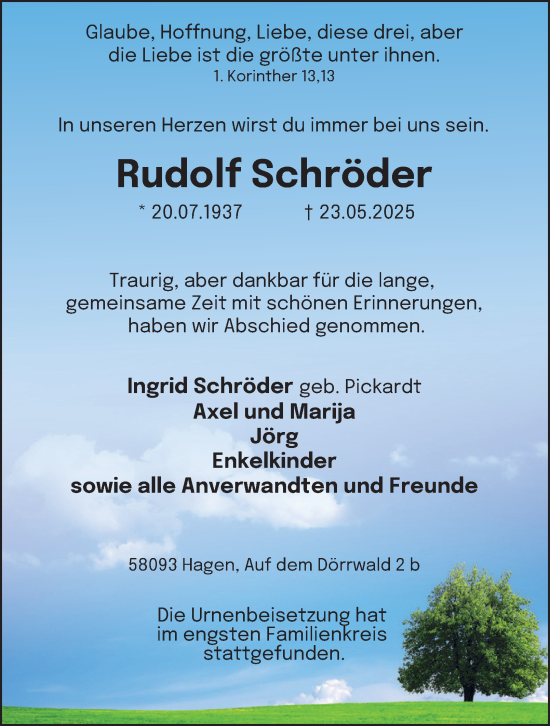 Traueranzeige von Rudolf Schröder von Tageszeitung