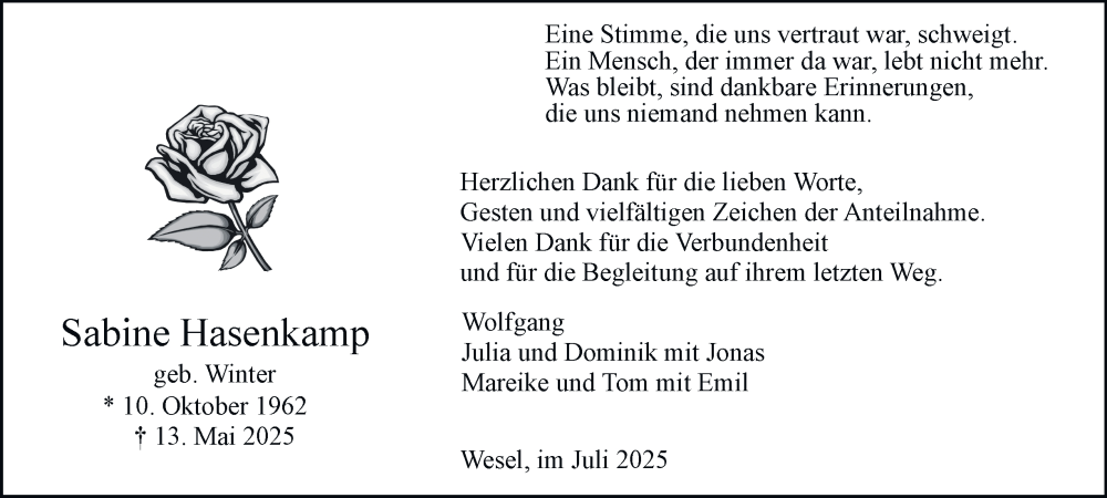  Traueranzeige für Sabine Hasenkamp vom 12.07.2025 aus Tageszeitung