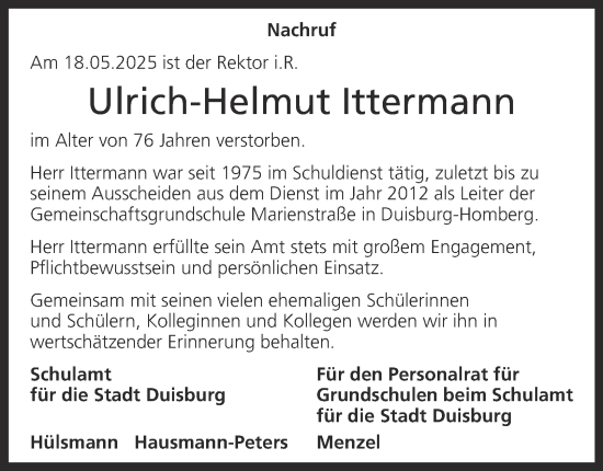 Traueranzeige von Ulrich-Helmut Ittermann von Tageszeitung