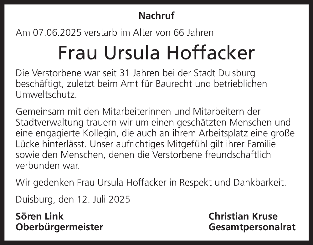  Traueranzeige für Ursula Hoffacker vom 12.07.2025 aus Tageszeitung
