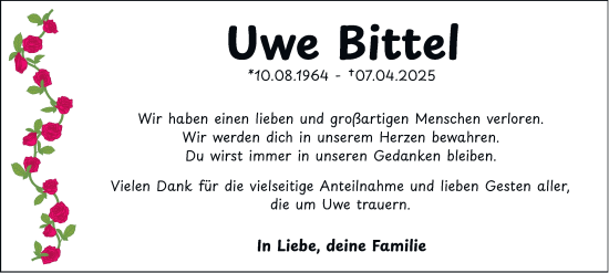 Traueranzeige von Uwe Bittel von Tageszeitung