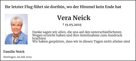 Traueranzeige von Vera Neick von Tageszeitung