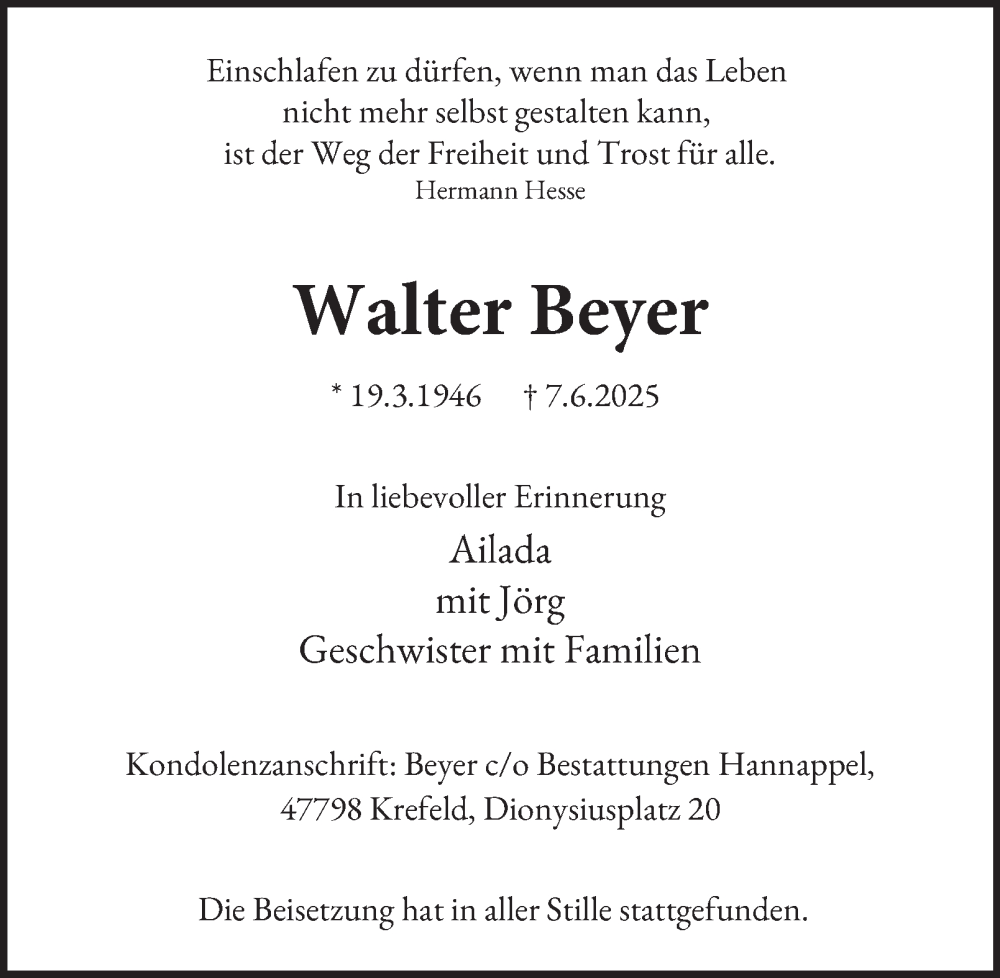  Traueranzeige für Walter Beyer vom 28.06.2025 aus Tageszeitung