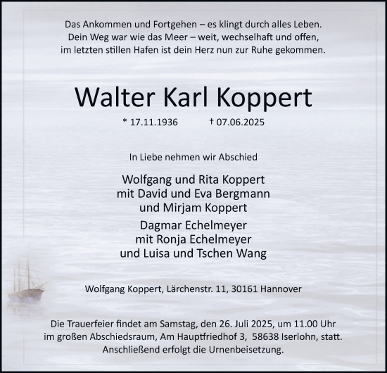 Traueranzeige von Walter Karl Koppert von Tageszeitung