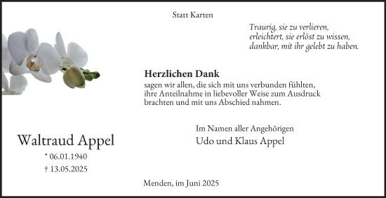 Traueranzeige von Waltraud Appel von Tageszeitung