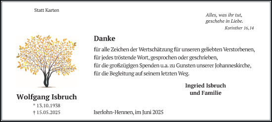 Traueranzeige von Wolfgang Isbruch von Tageszeitung