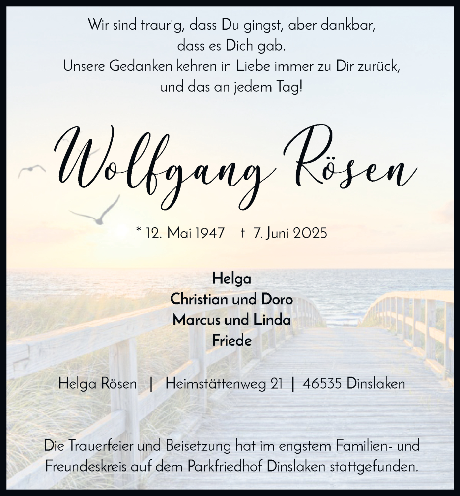  Traueranzeige für Wolfgang Rösen vom 19.07.2025 aus Tageszeitung