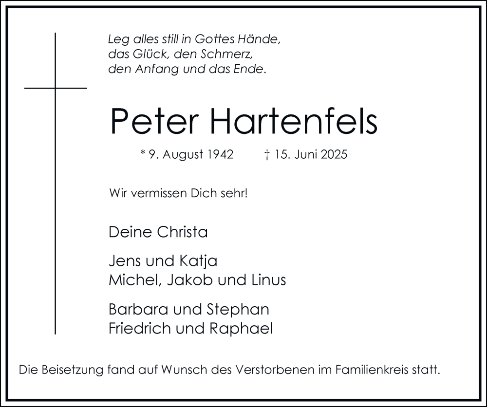  Traueranzeige für Peter Hartenfels vom 05.07.2025 aus FUNKE Medien NRW GmbH