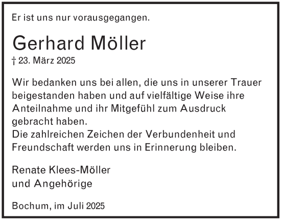 Traueranzeige von Gerhard Möller von Tageszeitung