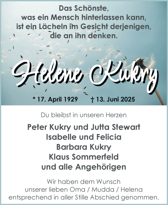 Traueranzeige von Helene Kukry von Tageszeitung