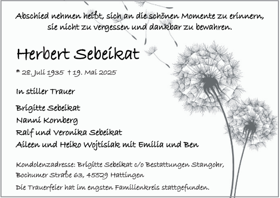 Traueranzeige von Herbert Sebeikat von Tageszeitung