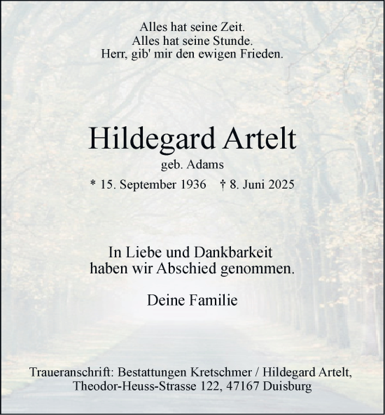 Traueranzeige von Hildegard Artelt von Tageszeitung