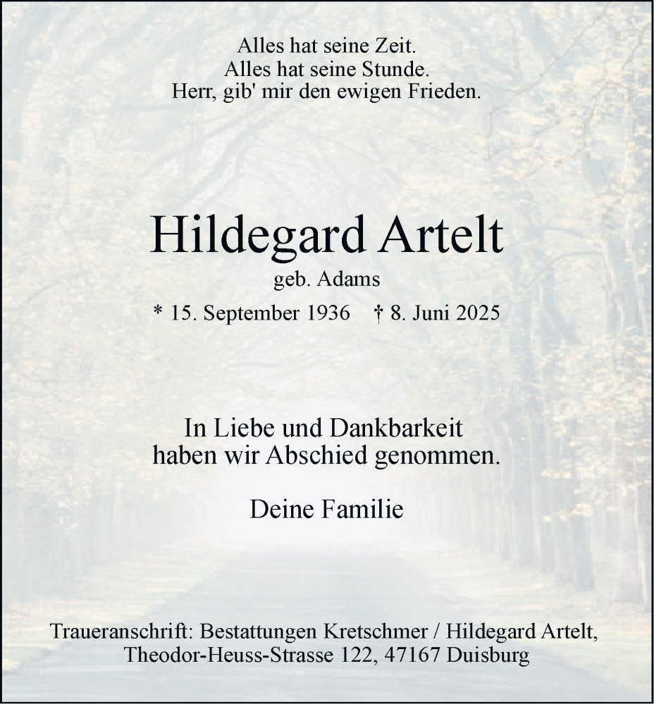  Traueranzeige für Hildegard Artelt vom 09.08.2025 aus Tageszeitung