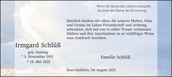 Traueranzeige von Irmgard Schlüß von Tageszeitung