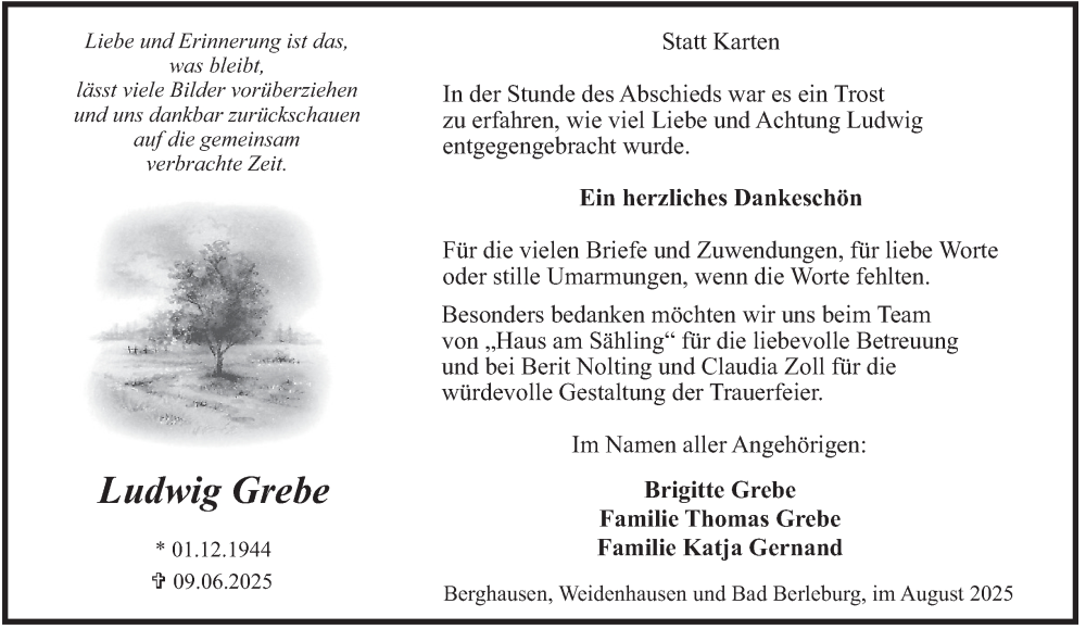  Traueranzeige für Ludwig Grebe vom 02.08.2025 aus Tageszeitung