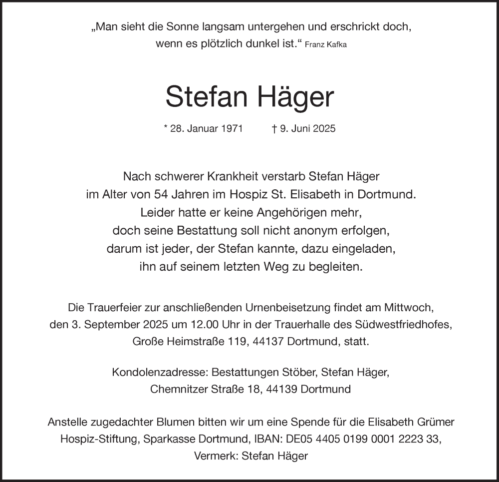  Traueranzeige für Stefan Häger vom 23.08.2025 aus Tageszeitung
