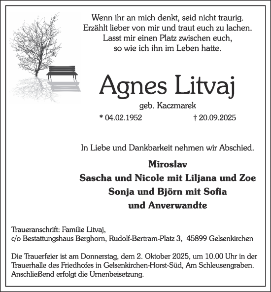 Traueranzeige von Agnes Litvaj von Tageszeitung