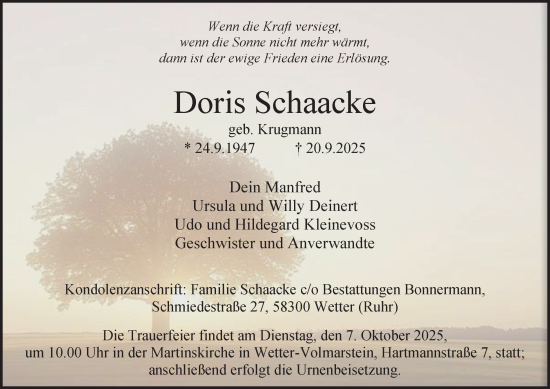 Traueranzeige von Doris Schaacke von Tageszeitung