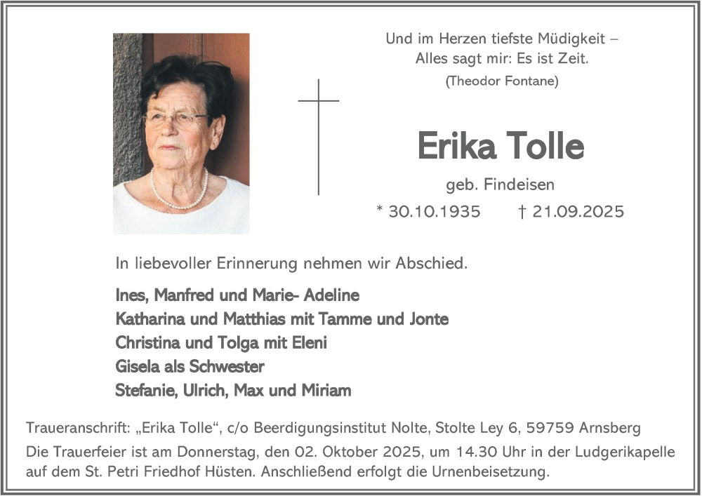  Traueranzeige für Erika Tolle vom 27.09.2025 aus Tageszeitung