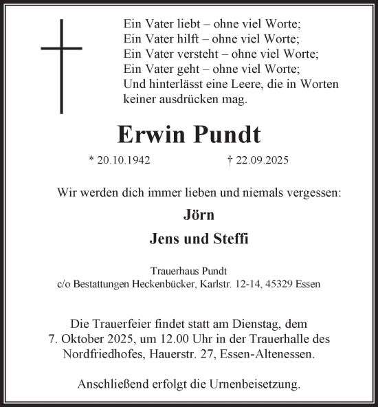 Traueranzeige von Erwin Pundt von Tageszeitung